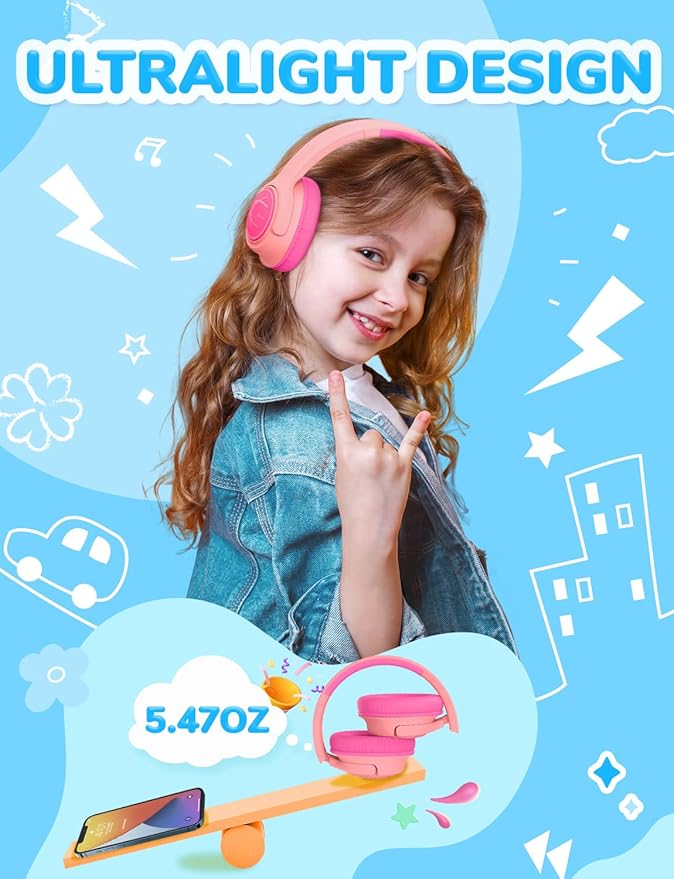 iClever Kids Headphones with Cord, 85dBA Safe Volume Wired Headphones for Kids, Stereo Sound Foldable Adjustable, 3.5mm Jack, Over Ear Kid Headphone for School/Boys/Girls/iPad/Tablet/Travel, Pink2