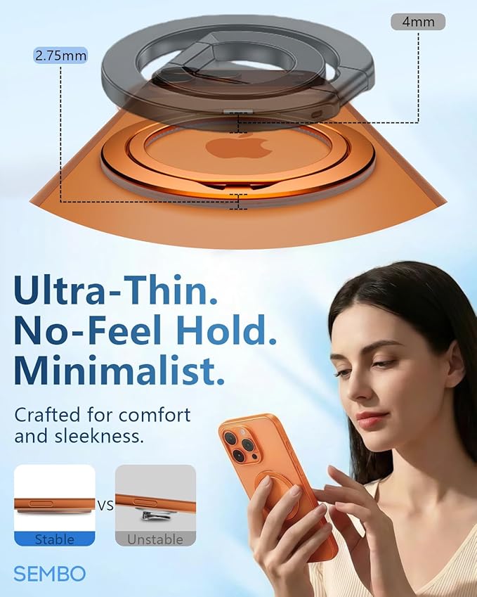 SEMBO Magnetic Phone Ring Holder for MagSafe, 0.1'' Ultra Thin 360° Rotation Cell Phone Grip Stand Finger Ring Kickstand Compatible with iPhone 17 Pro Max 16 15 14 13 12 MagSafe Accessories (Orange)