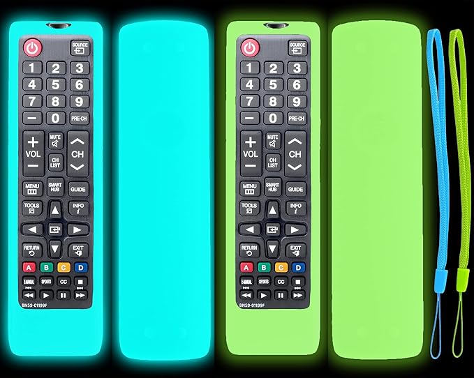 2 Pack TOKERSE Silicone Glow Case for Samsung Smart TV Remote - Silicone Cover for Samsung TV BN59-01301A BN59-01315A BN59-01199F Remote Control Skin Sleeve with Strap Glow in The Dark - Blue Green