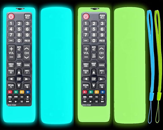 2 Pack TOKERSE Silicone Glow Case for Samsung Smart TV Remote - Silicone Cover for Samsung TV BN59-01301A BN59-01315A BN59-01199F Remote Control Skin Sleeve with Strap Glow in The Dark - Blue Green