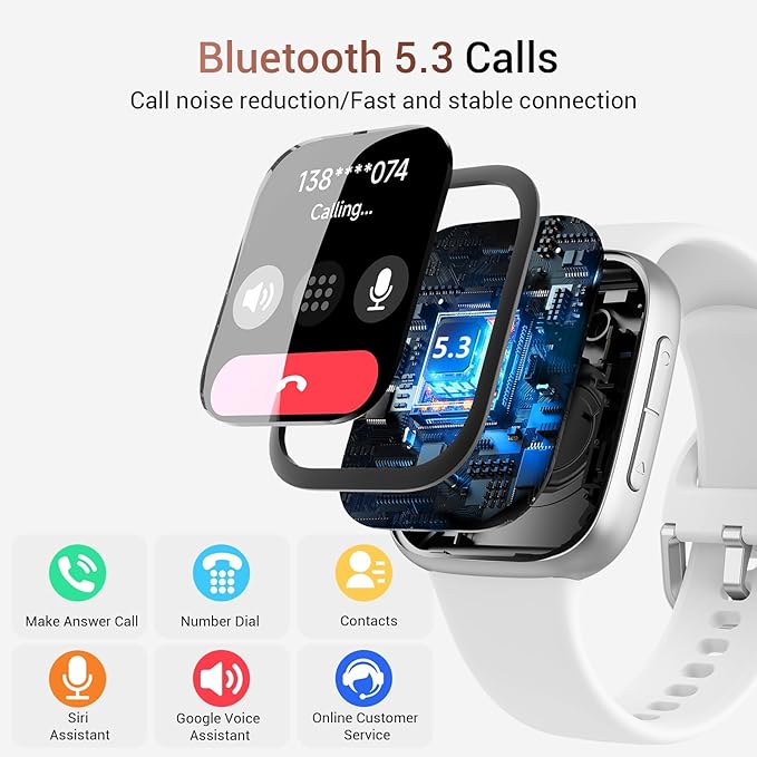 Tensky Smart Watch for Men/Women iPhone & Android, 1.85" AMOLED Screen Fitness Tracker with Bluetooth Call, 3ATM Waterproof 24/7 Heart Rate/Sleep/SpO2 Monitor, Pedometer, 100+ Sport Modes, White