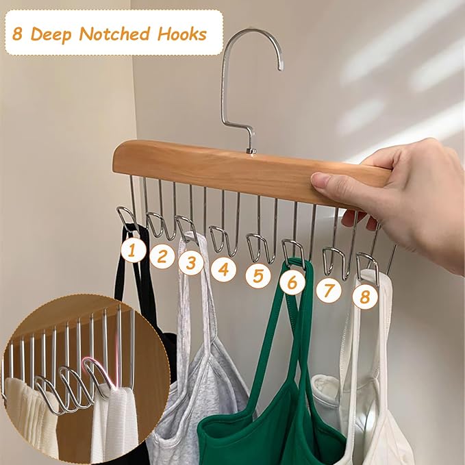 4 Pack Anti Slip Multi Hook Coat Racks,Tie Rack,Bra Hangers for Closet Organizer with 8 Hooks 360 °Swivel Wooden Hanger for Closet for Tie,Tank Top,Bra, Scarf,Hat