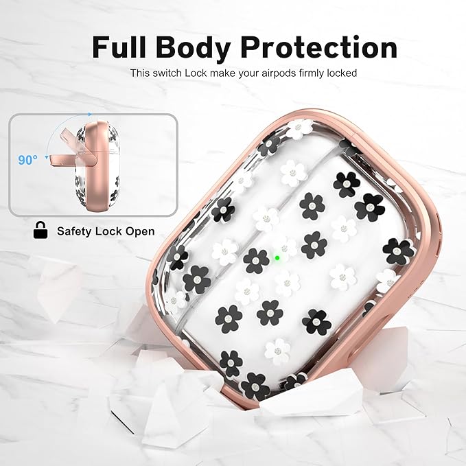 Maxjoy for AirPods Pro 2nd/1st Generation Case, Cute AirPod Pro 2 Case with Safety Lock Hard iPod Pro Cover for Women Men with Keychain for AirPod Pro Cover(2023/2022/2019), Flower