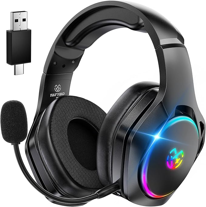 Tatybo Wireless Gaming Headsets for Ps5 Ps4 PC, 2.4GHz USB & Type-C Gaming Headphones, 40H+ Hrs & 7.1 Surround Sound with Noise Canceling Microphone for Switch Phone