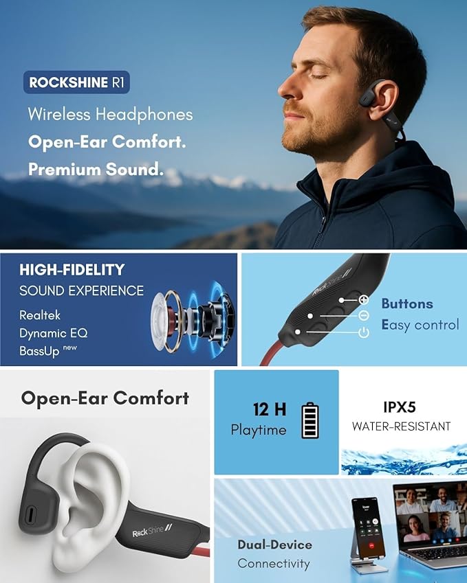 R1 Open Ear Headphones, Bone Conduction Running Headphones Bluetooth 5.3, 12H Battery Sweatproof & Water-Resistant, Wireless with Mic for Cycling, Workout,Sports-Deep Bass Sound (Black+RED)