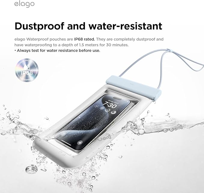 elago Waterproof Phone Pouch for iPhone 16/15/14/13/12/11 Series, Galaxy S25/S24/S23/S22/S21 Series - Underwater Screen Touchable Dry Bag, Dual Zipper Lock, Including Card Pocket [Light Blue]