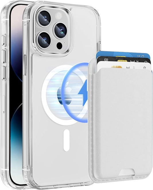 Magnetic for iPhone 14 Pro Max Clear Case with White Card Holder, Compatible with MagSafe, Slim Shockproof Phone Cover with Detachable Wallet, Built-in Magnet Ring