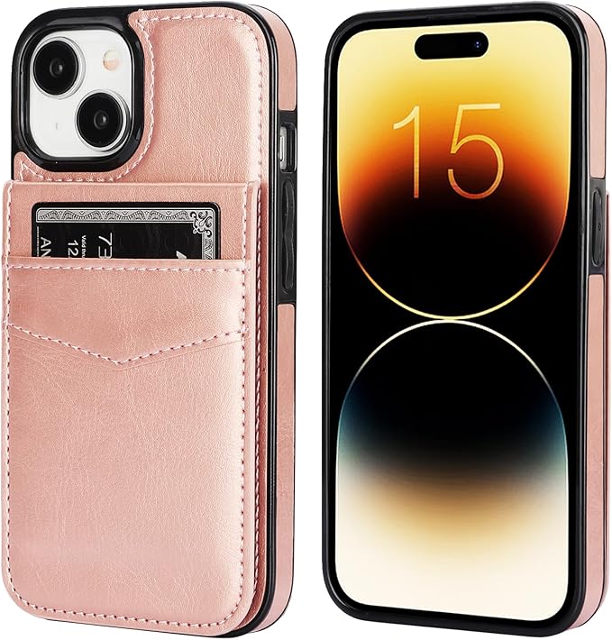 KIHUWEY Compatible with 15 Case Wallet with Credit Card Holder, Flip Premium Leather Magnetic Clasp Kickstand Heavy Duty Protective Cover for 15 6.1 Inch (Rose Gold)