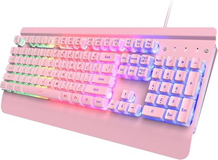 Pink Creamy Keyboard Gaming, 104 Keys All-Metal, USB Wired, Backlit Silent