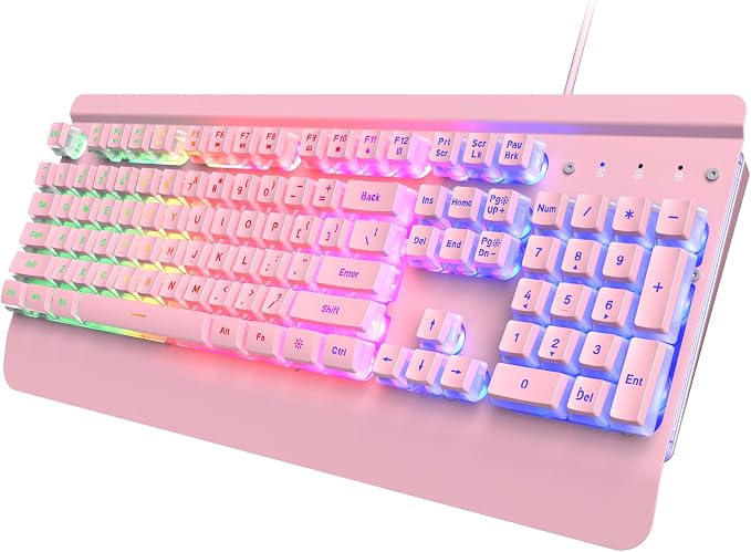 Pink Creamy Keyboard Gaming, 104 Keys All-Metal, USB Wired, Backlit Silent