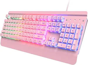 Pink Creamy Keyboard Gaming, 104 Keys All-Metal, USB Wired, Backlit Silent