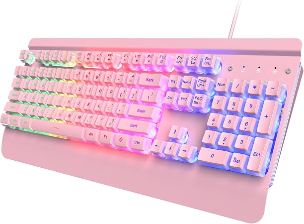Pink Creamy Keyboard Gaming, 104 Keys All-Metal, USB Wired, Backlit Silent
