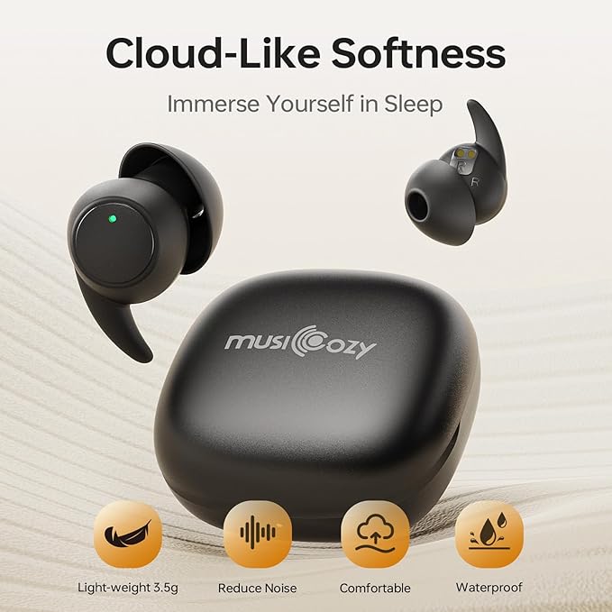 MUSICOZY Bluetooth 5.3 Sleep Earbuds, Wireless Sleep Headphones, Light-Weight in-Ear Buds for Sleeping, IPX6 Waterproof Earbuds for Side Sleepers White Noise Concerts Podcasts Study Focus Men Women