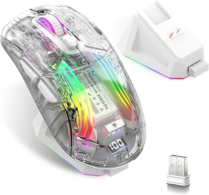 Wireless Gaming Mouse with Transparent RGB Mechanical, Tri-Mode 2.4GHz/Bluetooth/Wired Mouse, Charging Base, Digital Display,Silent Mice, 7 Buttons, Computer Mouse for Gaming and Esports (White)