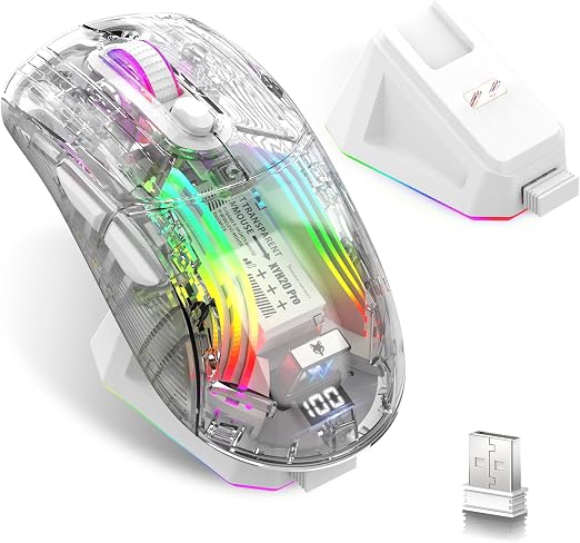 Wireless Gaming Mouse with Transparent RGB Mechanical, Tri-Mode 2.4GHz/Bluetooth/Wired Mouse, Charging Base, Digital Display,Silent Mice, 7 Buttons, Computer Mouse for Gaming and Esports (White)