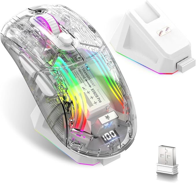Wireless Gaming Mouse with Transparent RGB Mechanical, Tri-Mode 2.4GHz/Bluetooth/Wired Mouse, Charging Base, Digital Display,Silent Mice, 7 Buttons, Computer Mouse for Gaming and Esports (White)