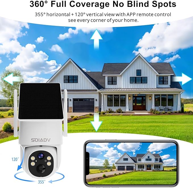 SOIADV Solar Security Camera Wireless Outdoor with 360°View, 2K Color Night Vision, PTZ Camera for Home Security, Battery Powered, Two Way Audio, Motion Detection, PIR Alarm, IP65 Weatherproof, SC13W