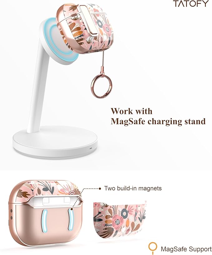 TATOFY for AirPods Pro 2nd Generation Case with Lock Carabiner Cleaner, Slim AirPod Pro 1st & 2nd Hard Case Cover, Compatible with MagSafe (Pink)