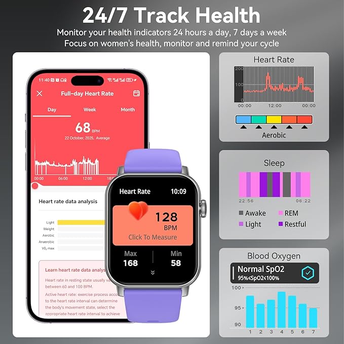 Smart Watches for Men Women, 1.83" HD Touchscreen with Bluetooth Calling, IP68 Waterproof Fitness Tracker, 120+ Sport Modes, 24/7 Heart Rate & Sleep Monitor, Compatible with iPhone Android (Purple)