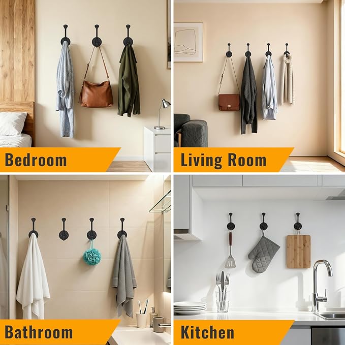 12 Pack Wall Hooks for Hanging, Heavy Duty Coat Hook Wall Mount, Easy to Install Metal Closet Hooks, Apply to Bathrooms, Bedrooms, Living Rooms, Entrances (Black)