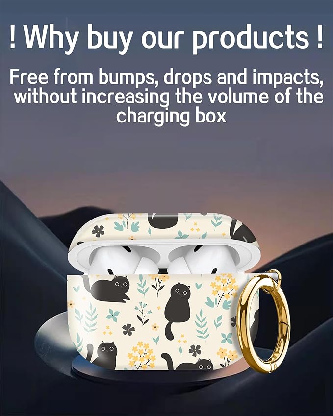 Compatible with Airpod pro 2nd/1st Generation Case Cover with Gold Round Keychain Cute Pattern Hard & Anti Slip Cover for Men Women & Girls(Cute Cat)