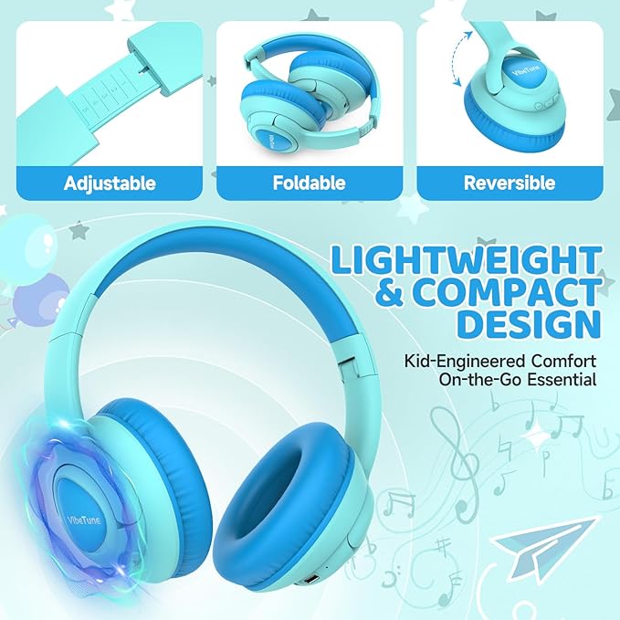 VibeTune Kids Bluetooth Headphones, 60H Playtime, Volume Limited 85/94dB, Bluetooth 5.4, Type-C Fast Charging, Foldable Wireless Headphones for Kids, Toddler Headsets with HD Mic-Blue Macaron