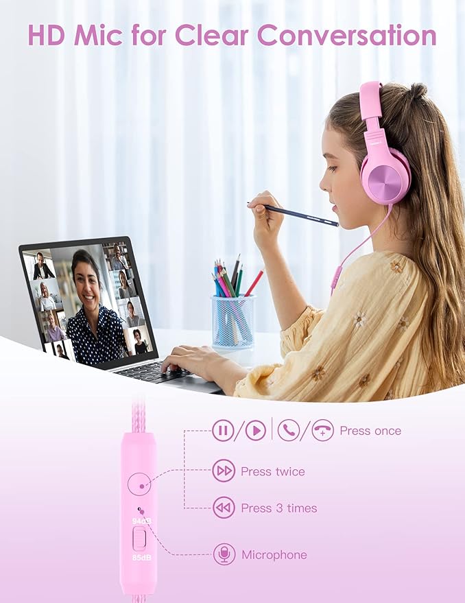 Kids Headphones with Microphone, Over-Ear Headphones for Kids with Sharing Function, 85dB/94dB Safe Volume Limit, Wired Headphone for Children, Kid Headset for School, Study, Travel, Pink