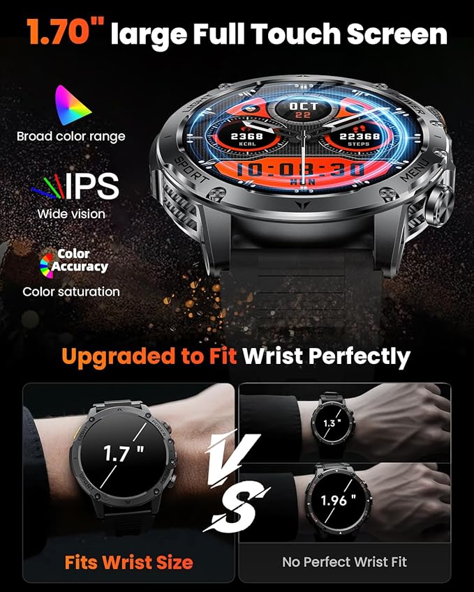 Military Smart Watches for Men, Smart Watch with 1000 mAh Battery/Answer/Dial Calls/Fitness Tracker/Flashlight/Heart Rate/Sleep Monitor/100+ Sports Mode, 1.7″ Waterproof Smartwatch for Android/iPhone