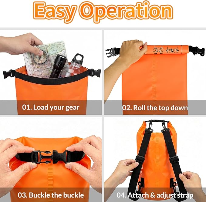 kullder Waterproof Backpack 10L, Roll Top Closure Water Proof Dry Bag Orange, Lightweight Floating Dry Bag for Kayaking Boating, Durable Hiking Backpack with IPX8 Waterproof Phone Pouch-Black, 7"