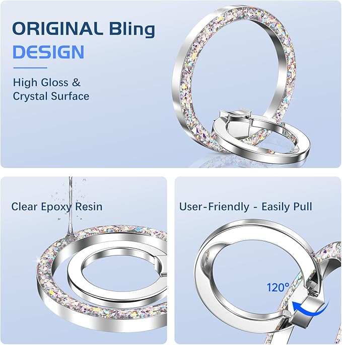 DOMAVER Magnetic Phone Ring Holder, Compatible with MagSafe Phone Grip Stand with 360° Rotation Finger Ring Kickstand for iPhone 17/16/15/14/13/12 Pro Max Plus Air/Other Phones - Silver Glitter