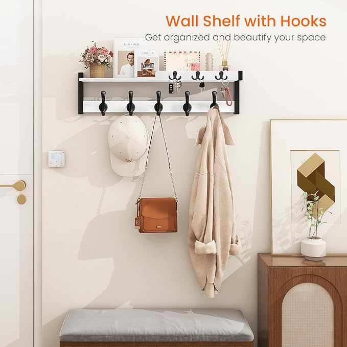 Homode Coat Rack Wall Mount, 29" Modern Floating Shelf with Key and Mail Holder, Wooden Entryway Hanging Shelf with Hooks and Storage for Hat Towel Jacket Purse Backpack Dog Leash, White