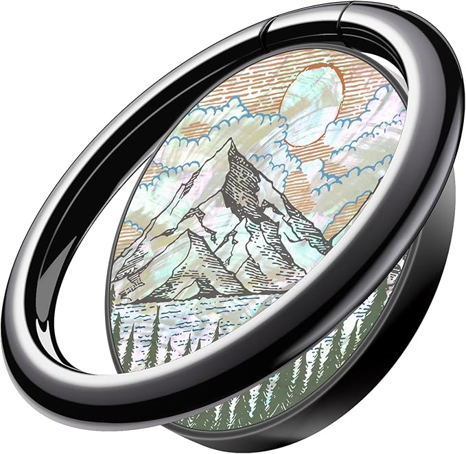 Carveit Natural Shells Cell Phone Ring Holder Metal Phone Kickstand Grip for iPhone 16 Pro Max/15/14 & Galaxy S23/S24/S25 Ultra & Pixel 8/9 -Black-Alpine Lakes