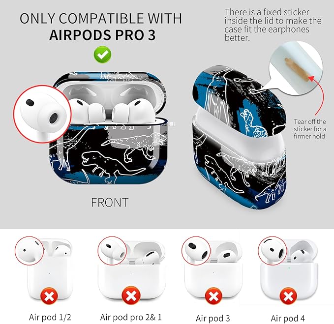 Cute Hard Case Compatible with AirPods Pro 3rd Generation Case (2025), Shockproof Protective Cover with Golden Keychain Ring Clip (Hand Drawn Dinosaur)
