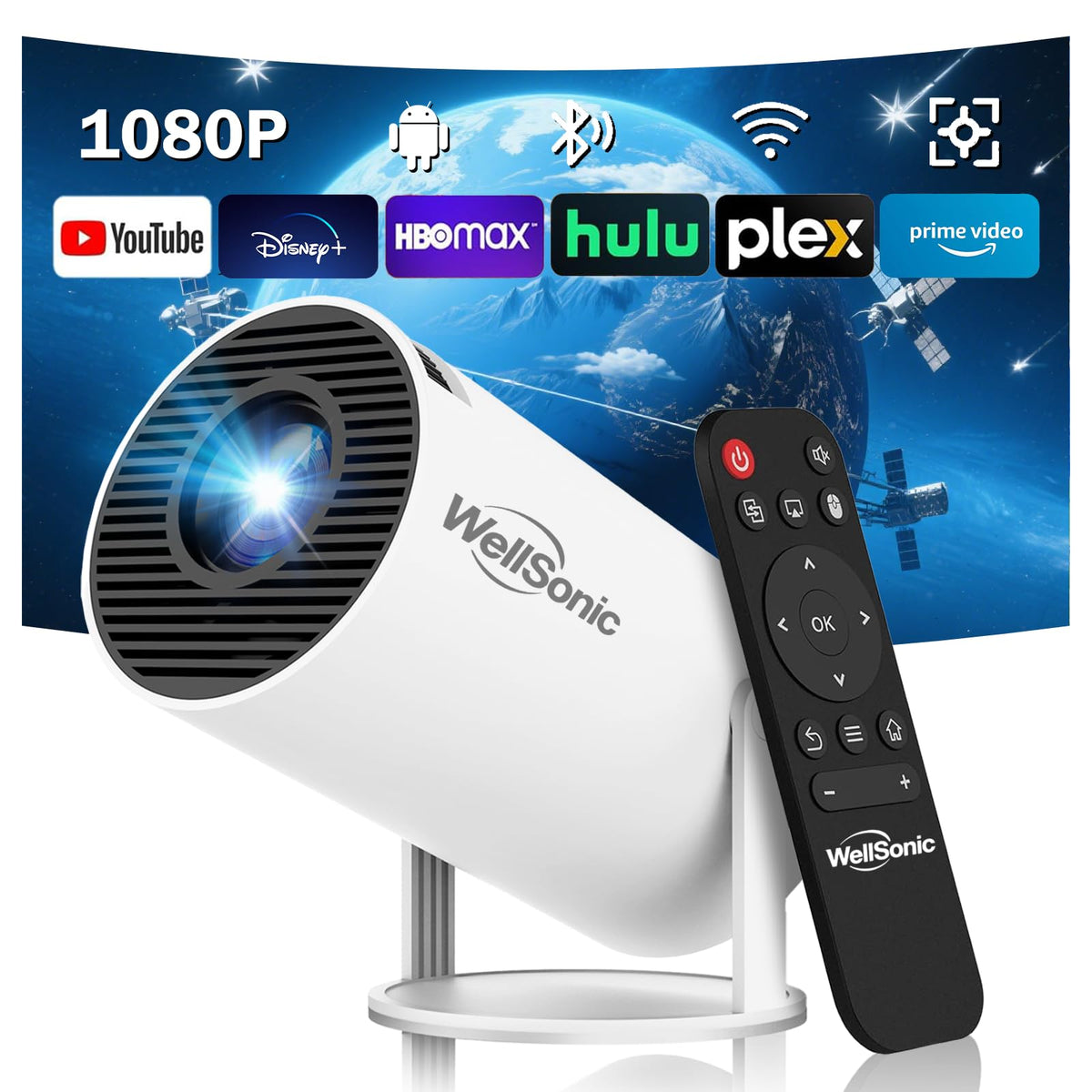 Mini Projector Support 1080P, 200 Ansi Home Movie Projector Portable Projector with Wifi and Bluetooth, Automatic Keystone Correction, 180°Rotatable, Compatible with HDMI USB PC Laptop