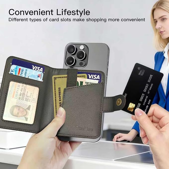 for MagSafe Phone Wallet Magnetic Card Holder for iPhone 17/16/15/14/13/12/Pro/Max/Plus,RFID Blocking Strong Magnet Wallets for MagSafe Phones and Cases,Hold 5 Cards,Strap Stand Leather Black