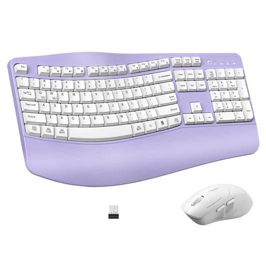 Wireless Keyboard and Mouse Combo - 2.4G Ergonomic Wave Keys(Purple)
