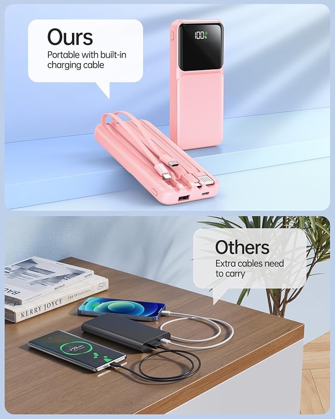 Portable Charger with Built in Cable - Power Bank Fast Charging USB C LED Display 10000mah Battery Pack 5 Outputs & 3 Inputs for Travel Essentials iPhone Samsung Android Phones Tablets Pink