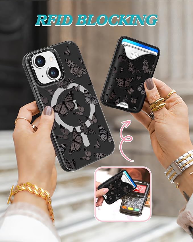 Toycamp for iPhone 14 Case, for iPhone 13 Case - Compatible with Magsafe Credit Card Holder Wallet Magnetic Cute Women Teen Girls Kawaii Girly Black Butterfly Design Phone Cover for iPhone 14/13