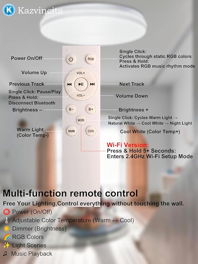 BT-Version LED Ceiling Light with Speaker 40W 12Inch Music Ceiling Lamp with Remote Control Adjustable Brightness & Color Temperature RGB Ambient Lighting for Kids Room Bedroom and More
