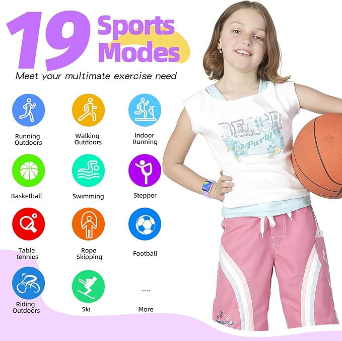 Kids Smart Watch Girls Boys, Fitness Tracker for Kids, 1.5 Inch DIY Dial, 19 Sport Mode, Sleep Monitor, Pedometers, Heart Rate, IP68 Waterproof, Great Gift for Boys Girls Teens 6-14