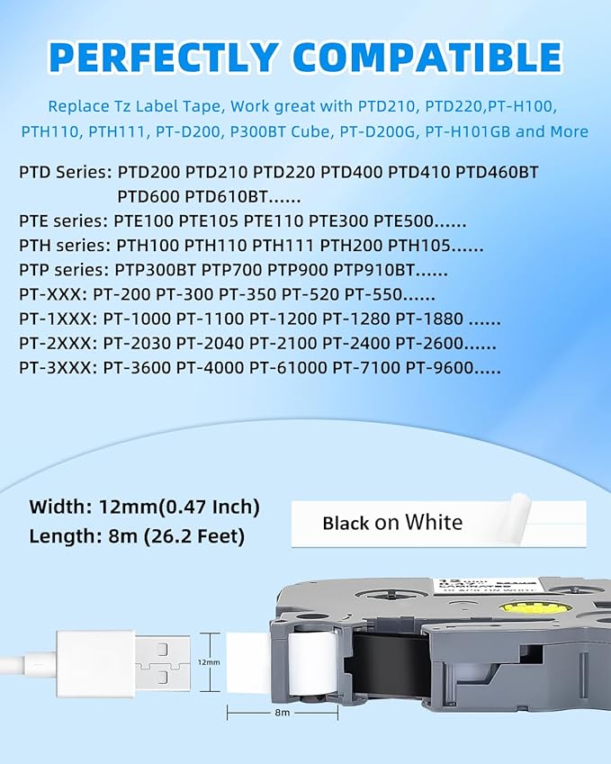 Label Maker Tape 12mm 0.47" Laminated White Replacement for Brother P Touch Label Tape TZe-231 TZe231 TZe TZ Tape Compatible with Brother PT-D210D210 H110 D200 D400 1280 D600 D610BT, 20-Pack