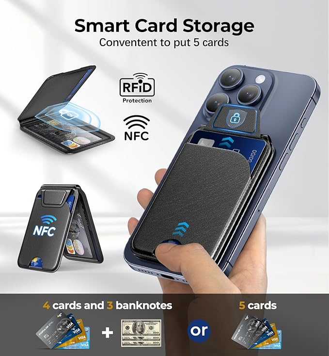 Upgraded Mag-Safe Wallet with Flap, 5 Card Holder, Magnetic Phone Wallet with Adjustable Stand, Slim for iPhone 17/16/15/14/13/12 Series, RFID Blocking, Leather - Black, Not for 13/12 Mini