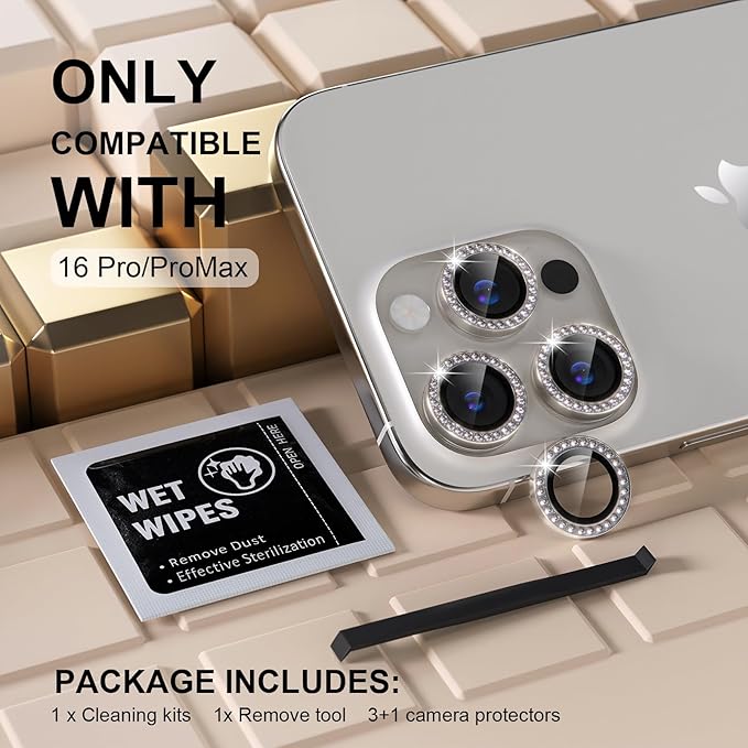 Misea Compatible for iPhone 16 Pro/iPhone 16 Pro Max Camera Lens Protector Bling, 9H Tempered Glass Camera Cover Screen Protector Metal Individual Ring Protector Accessories, Natural Titanium Diamond