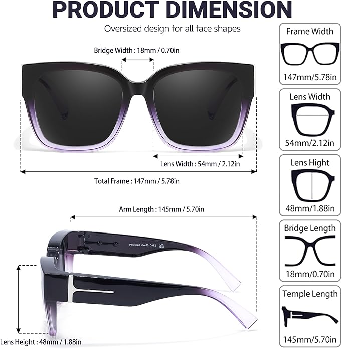 LVIOE 2 Pack Polarized Fit Over Sunglasses for Women Men Oversized Square Over Glasses Sunglasses with UV Protection LS7511