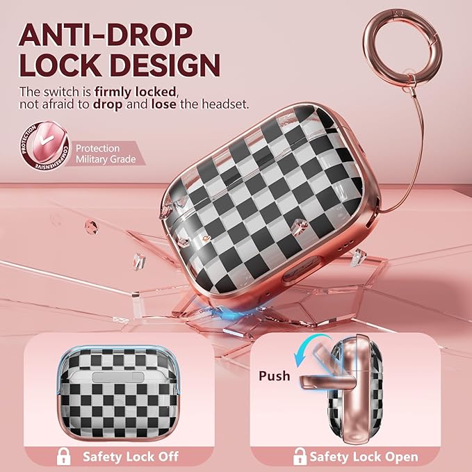 Inesore for AirPods Pro 3 Case 2025 with Lock, for Women Girly Floral Cute Case Compatible with Apple Airpods Pro 3rd Generation Cover, with Phone Stand,Keychain & Cleaner Kit- Checkerboard
