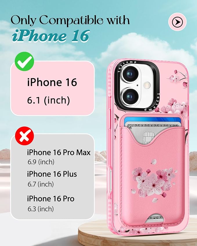 Toycamp for iPhone 16 Case - Compatible with Magsafe with Credit Card Holder Wallet Magnetic Cute Women Teen Girls Kawaii Girly Unique Flower Design Pretty Phone Cover for Apple 16 6.1"