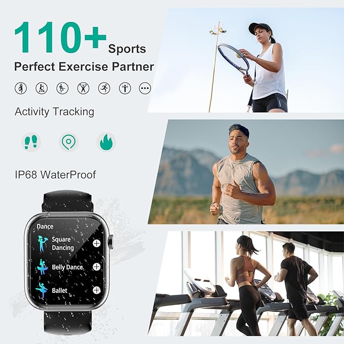 GADIXY Smart Watches for Men Women with Bluetooth Calls,1.83" HD,7 Day+ Battery Fitness Tracker with SpO2/HR/Sleep/BP Monitor,110+ Sports Activity Trackers,IP68 Smart Watches for Android iOS Black