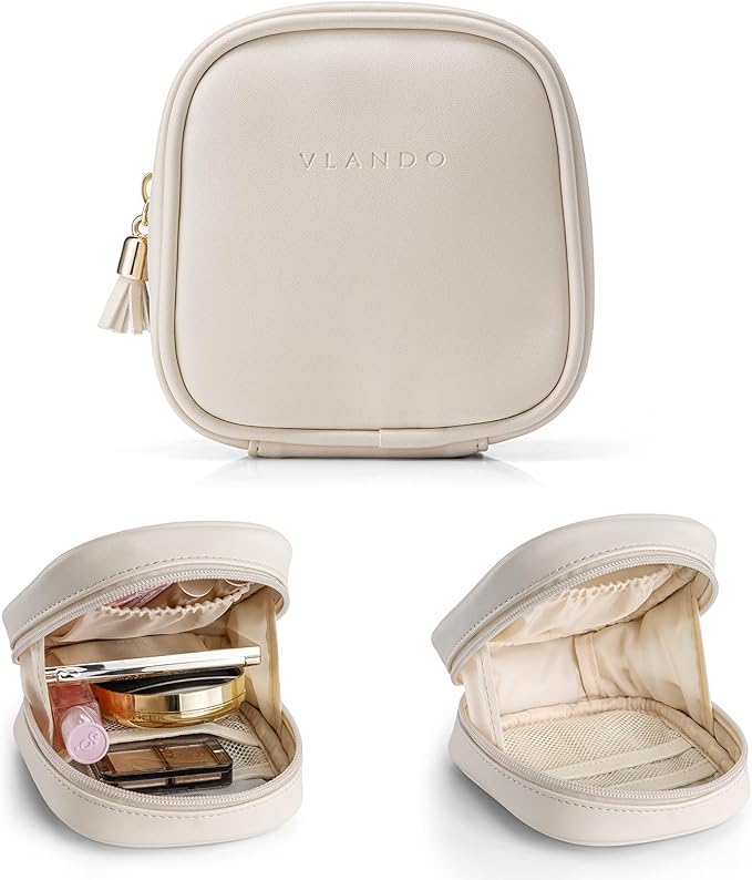 VLANDO Mini Makeup Bag, Small Makeup Bag for Purse with Slip-in Pockets, Portable Travel Toiletry Bag with Zipper, Waterproof Travel Essentials for Women - Cream White