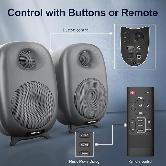 BESTISAN Bookshelf Speakers, 60 Watt Powered Studio Monitor Speaker with Bluetooth 5.0 and Wired Optical Line in Input Port, Deep Bass, 3 Audio Mode Design (Gray)