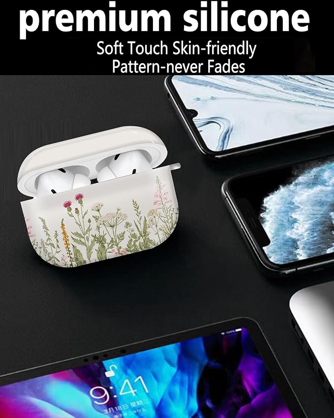 Cute Hard Case Compatible with AirPods Pro 2nd/1st Generation, Protective Cover with Golden Keychain, Fits 2023/2022/2019 Models, for Women, Girls, and Men(Cute Beige Flower
